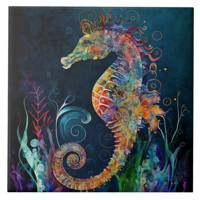 Fantasy Seahorse Watercolor Ceramic Tile (Front)
