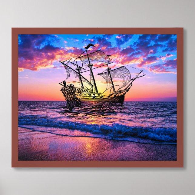 Fantasy Ship On The Sea - Abstract Ocean Sunset Framed Art (Framed Front)