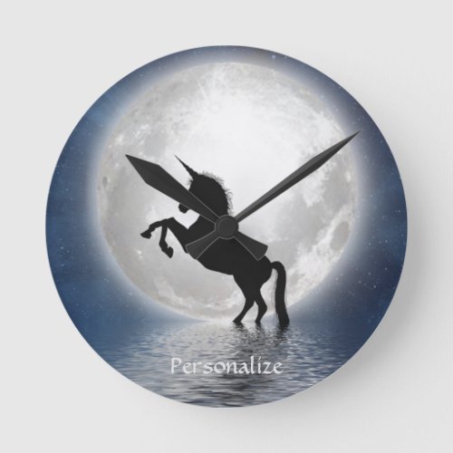 Fantasy Silhouette Unicorn in Ocean  Full Moon Round Clock