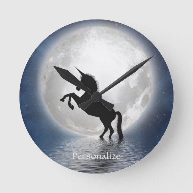 Fantasy Silhouette Unicorn in Ocean & Full Moon Round Clock (Front)