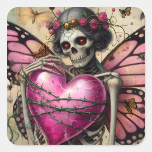 Fantasy Skeleton With Barbed Wire Heart Square Sticker