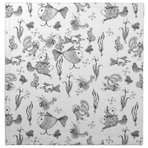 Fantasy sketched fishes creachers plants leaves se cloth napkin