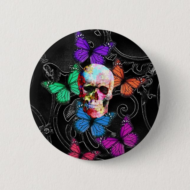 Fantasy skull and colored butterflies button (Front)
