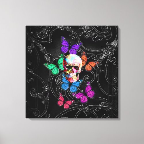 Fantasy skull and colored butterflies canvas print