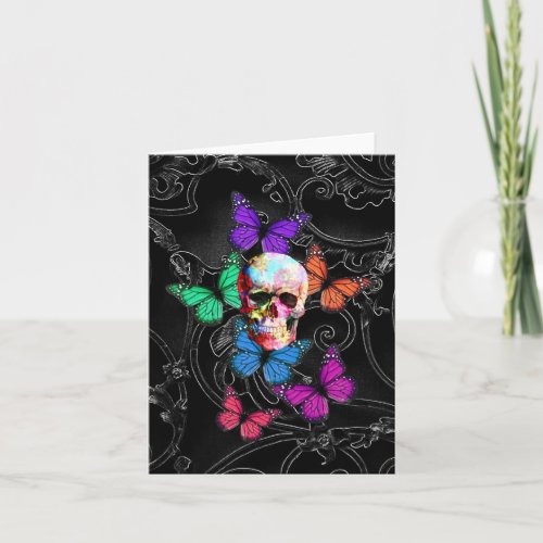 Fantasy skull and colored butterflies card