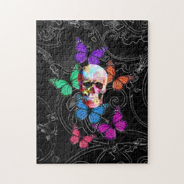 Fantasy skull and colored butterflies jigsaw puzzle (Vertical)