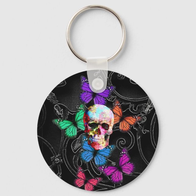 Fantasy skull and colored butterflies keychain (Front)