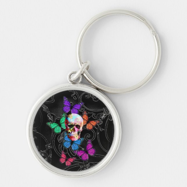 Fantasy skull and colored butterflies keychain (Front)