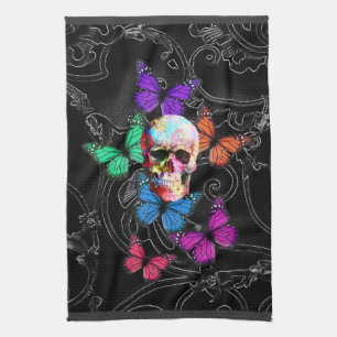 Fantasy skull and colored butterflies kitchen towel
