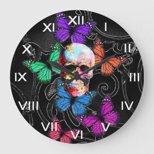 Fantasy skull and colored butterflies large clock
