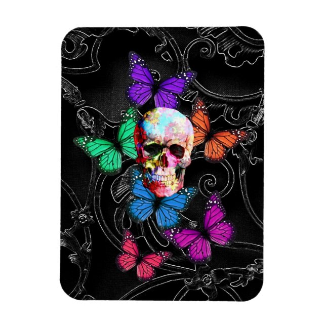 Fantasy skull and colored butterflies magnet (Vertical)