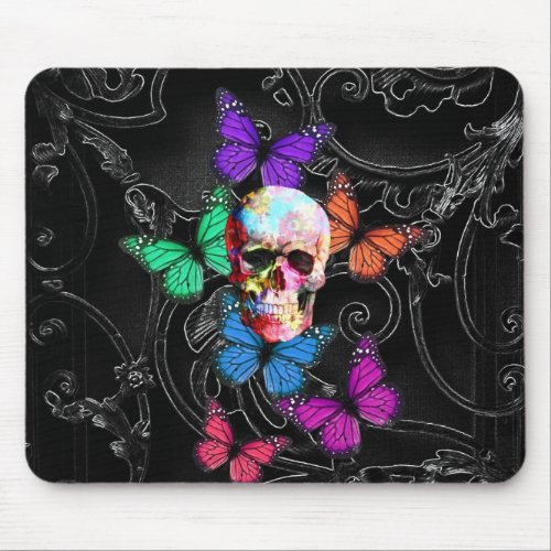 Fantasy skull and colored butterflies mouse pad