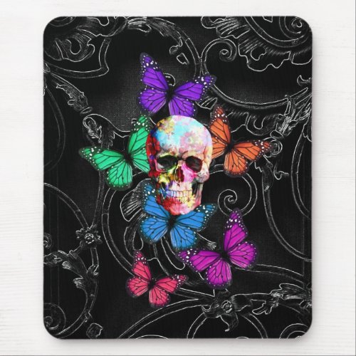 Fantasy skull and colored butterflies mouse pad