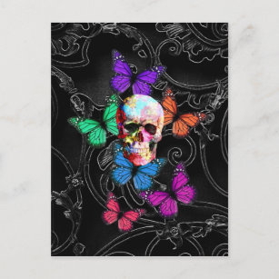 Fantasy skull and colored butterflies postcard
