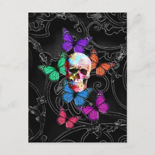 Fantasy skull and colored butterflies postcard