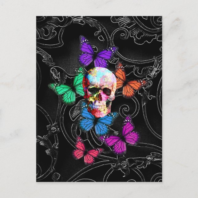Fantasy skull and colored butterflies postcard (Front)