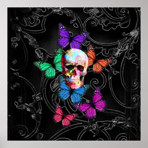 Fantasy skull and colored butterflies poster