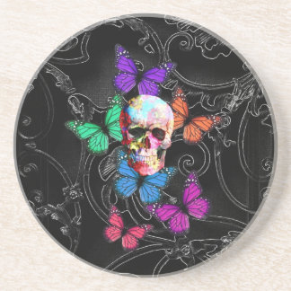 Fantasy skull and colored butterflies sandstone coaster