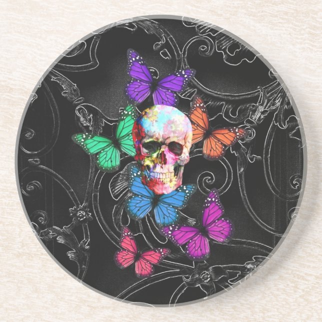 Fantasy skull and colored butterflies sandstone coaster (Front)