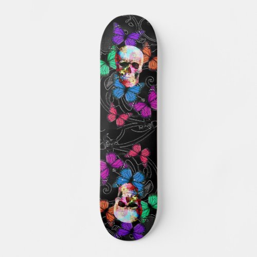 Fantasy skull and colored butterflies skateboard deck