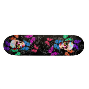 Fantasy skull and colored butterflies skateboard deck