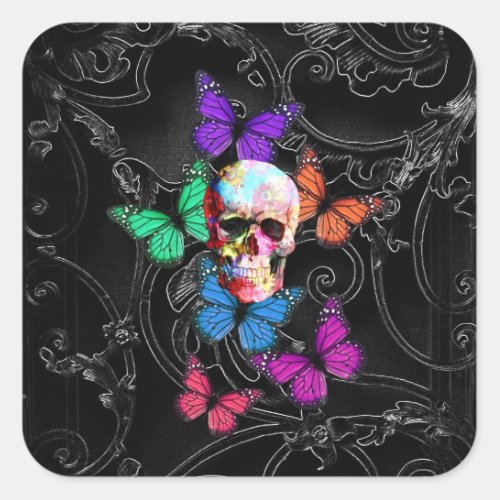 Fantasy skull and colored butterflies square sticker