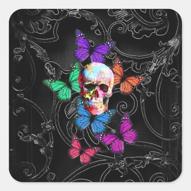 Fantasy skull and colored butterflies square sticker (Front)
