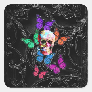 Fantasy skull and colored butterflies square sticker