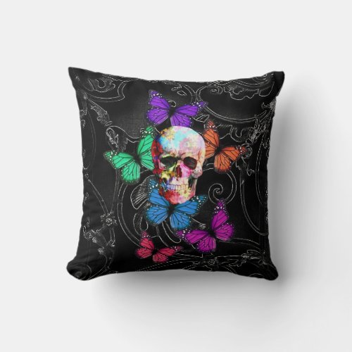 Fantasy skull and colored butterflies throw pillow