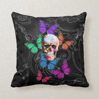 Fantasy skull and colored butterflies throw pillow