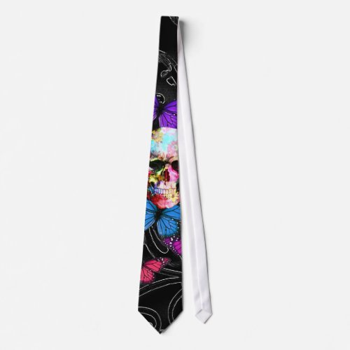 Fantasy skull and colored butterflies tie