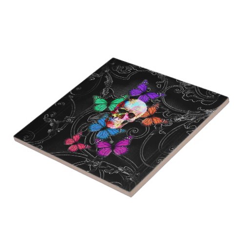 Fantasy skull and colored butterflies tile
