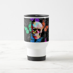Fantasy skull and colored butterflies travel mug