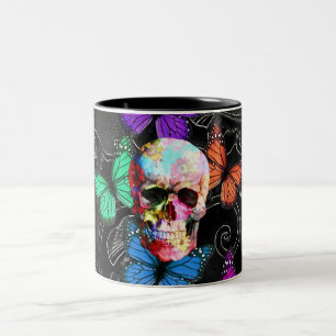 Fantasy skull and colored butterflies Two-Tone coffee mug
