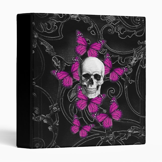 Fantasy skull and hot pink butterflies binder (Front/Spine)