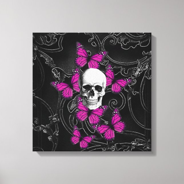 Fantasy skull and hot pink butterflies canvas print (Front)