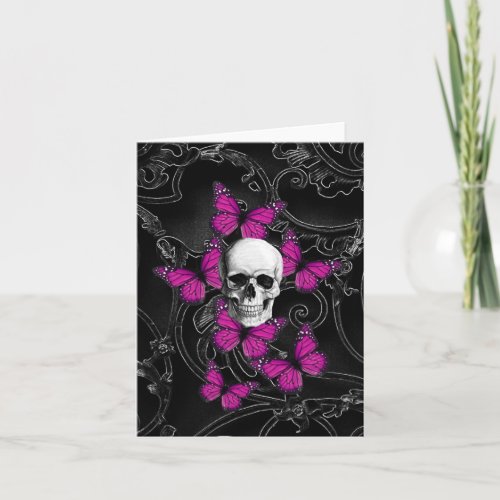 Fantasy skull and hot pink butterflies card