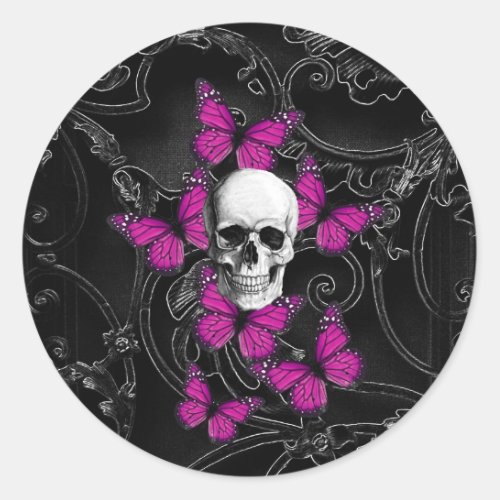 Fantasy skull and hot pink butterflies classic round sticker