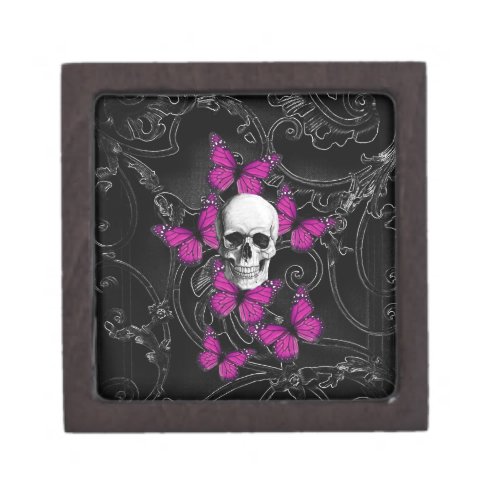 Fantasy skull and hot pink butterflies jewelry box