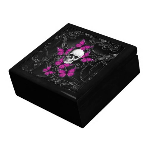 Fantasy skull and hot pink butterflies jewelry box