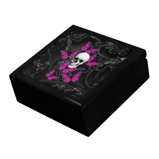 Fantasy skull and hot pink butterflies jewelry box (Side)