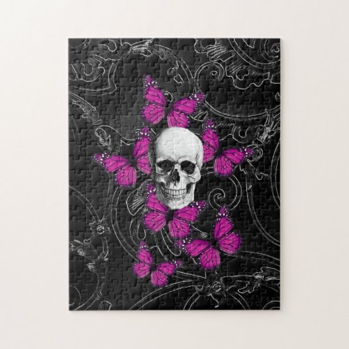 Fantasy skull and hot pink butterflies jigsaw puzzle
