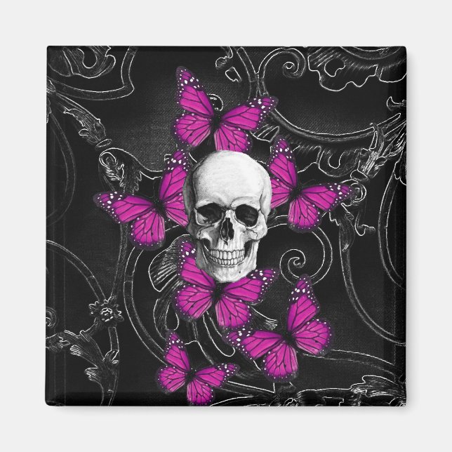 Fantasy skull and hot pink butterflies magnet (Front)