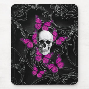 Fantasy skull and hot pink butterflies mouse pad