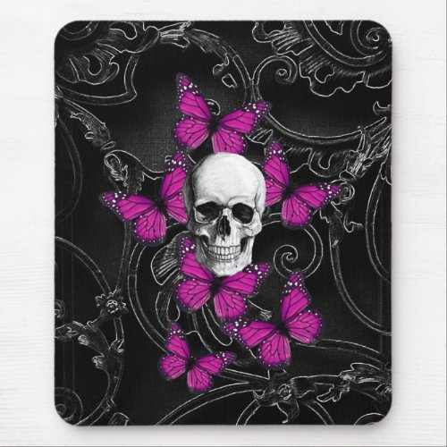 Fantasy skull and hot pink butterflies mouse pad