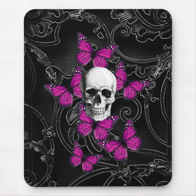 Fantasy skull and hot pink butterflies mouse pad (Front)