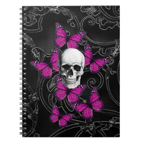 Fantasy skull and hot pink butterflies notebook