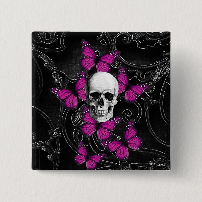 Fantasy skull and hot pink butterflies pinback button (Front)