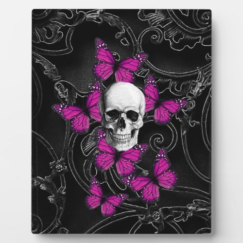 Fantasy skull and hot pink butterflies plaque
