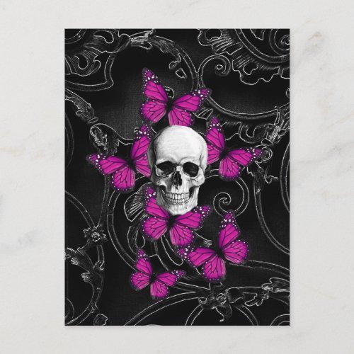 Fantasy skull and hot pink butterflies postcard